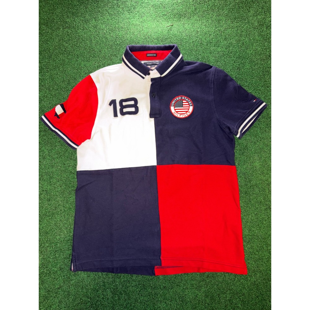 Tommy Hilfiger Mens USA Colorblock Performance Pique Polo Shirt Custom Fit Med